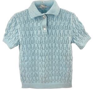 Vintage 80s Crochet Blue Open Knit Sweater Short Sleeve Blouse‎ Retro Bohemian